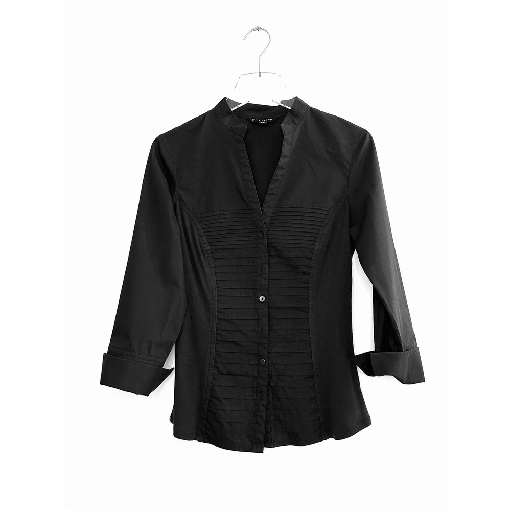 Zac & Rachel Black  Pleated Button Down Blouse 3/4 Sleeve Mandarin Collar Size S